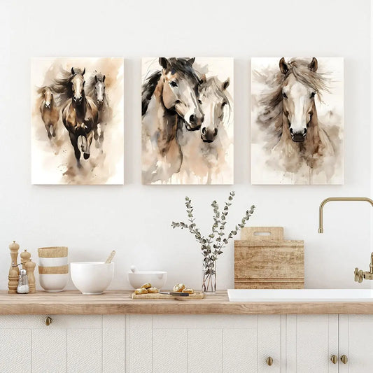 Frameless3pcs Wood Frame Minimalist Horse Pair Print, Two Horses Charcoal Sketch Abstract Equestrian