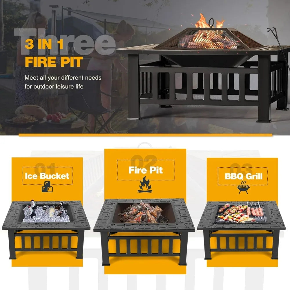 Outdoor Fire Pit, 32 Inch Table Metal Outdoor Fireplaces with Waterproof Cover (Black)