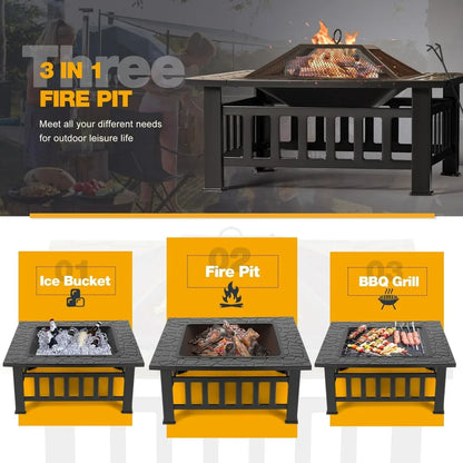 Outdoor Fire Pit, 32 Inch Table Metal Outdoor Fireplaces with Waterproof Cover (Black)