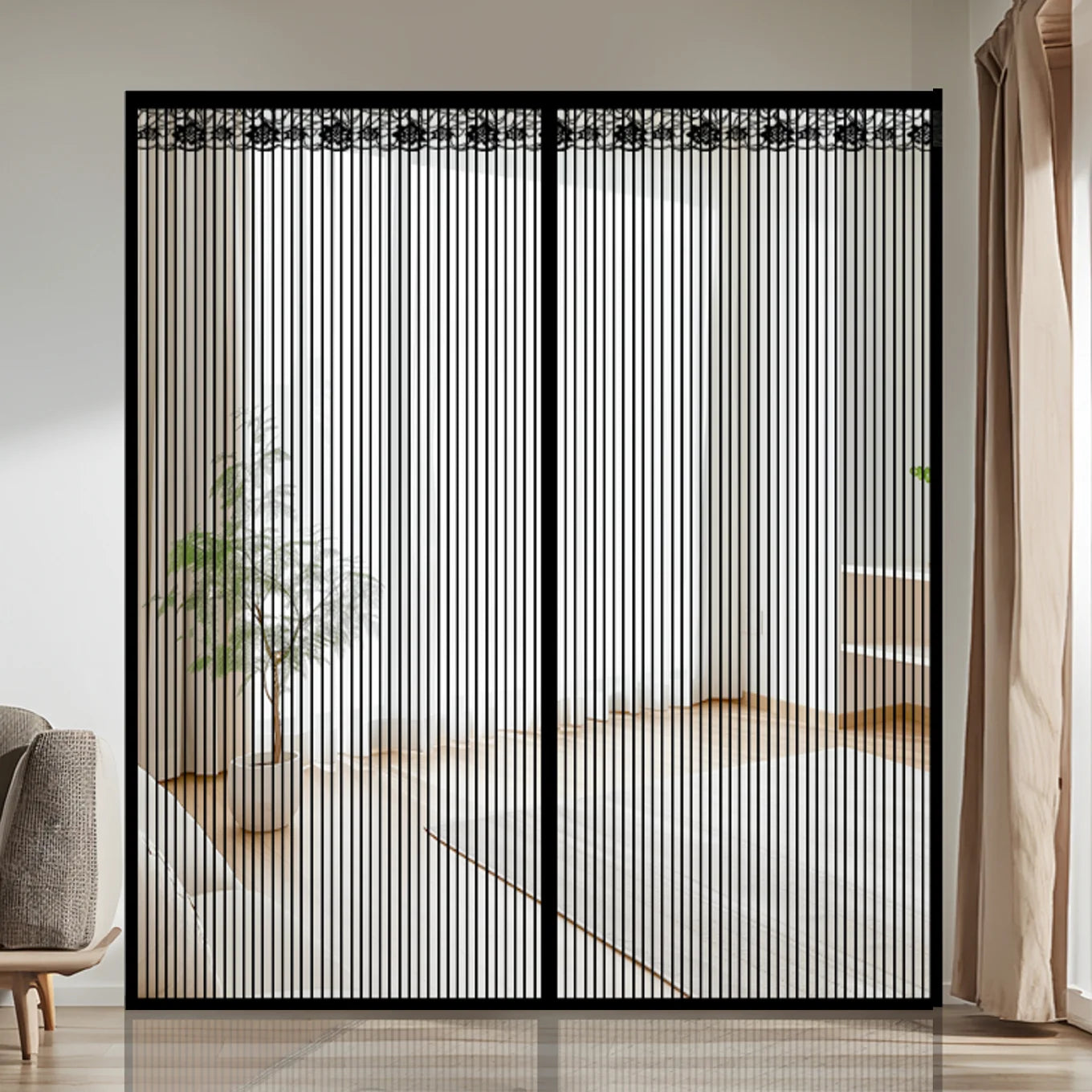 Extra Large Summer Black Striped Magnetic Screen Door Mesh Curtain