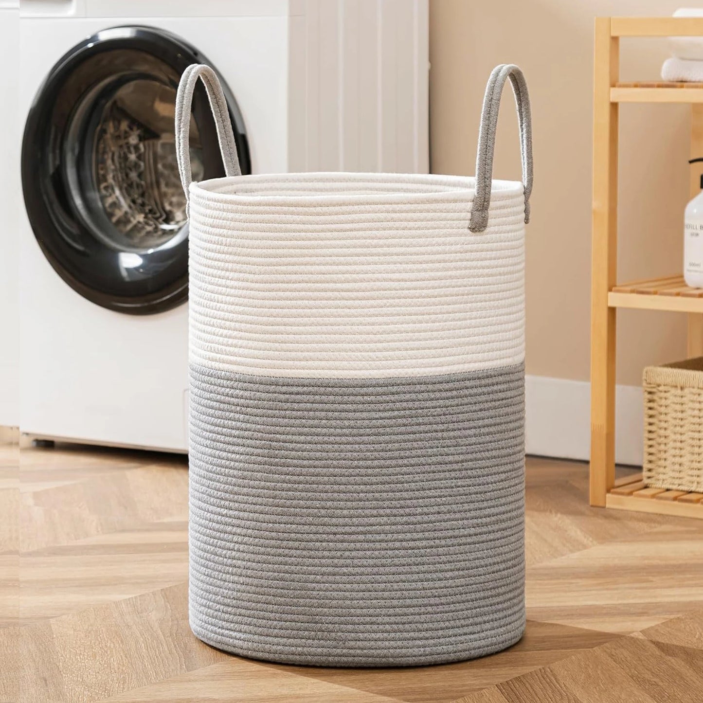 Large Storage Basket Tall Woven Laundry Hamper with Handles Foldable Cotton Rope