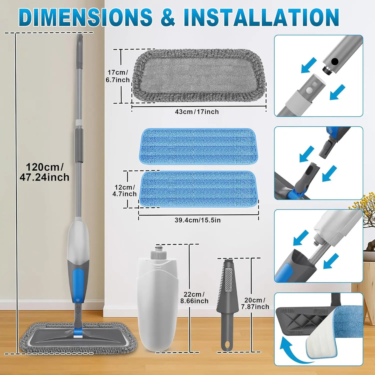 Spray Mop for Multi-Surface Cleaning with Washable Pads, 360° Swivel Head
