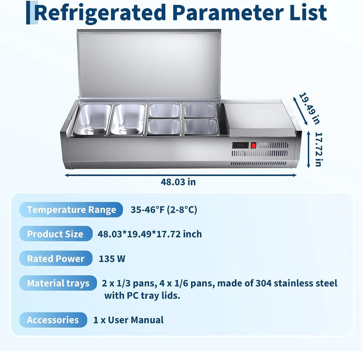 45” Commercial Refrigerated Condiment Prep Station Refrigerator 135W Countertop Refrigerated Salad Bar