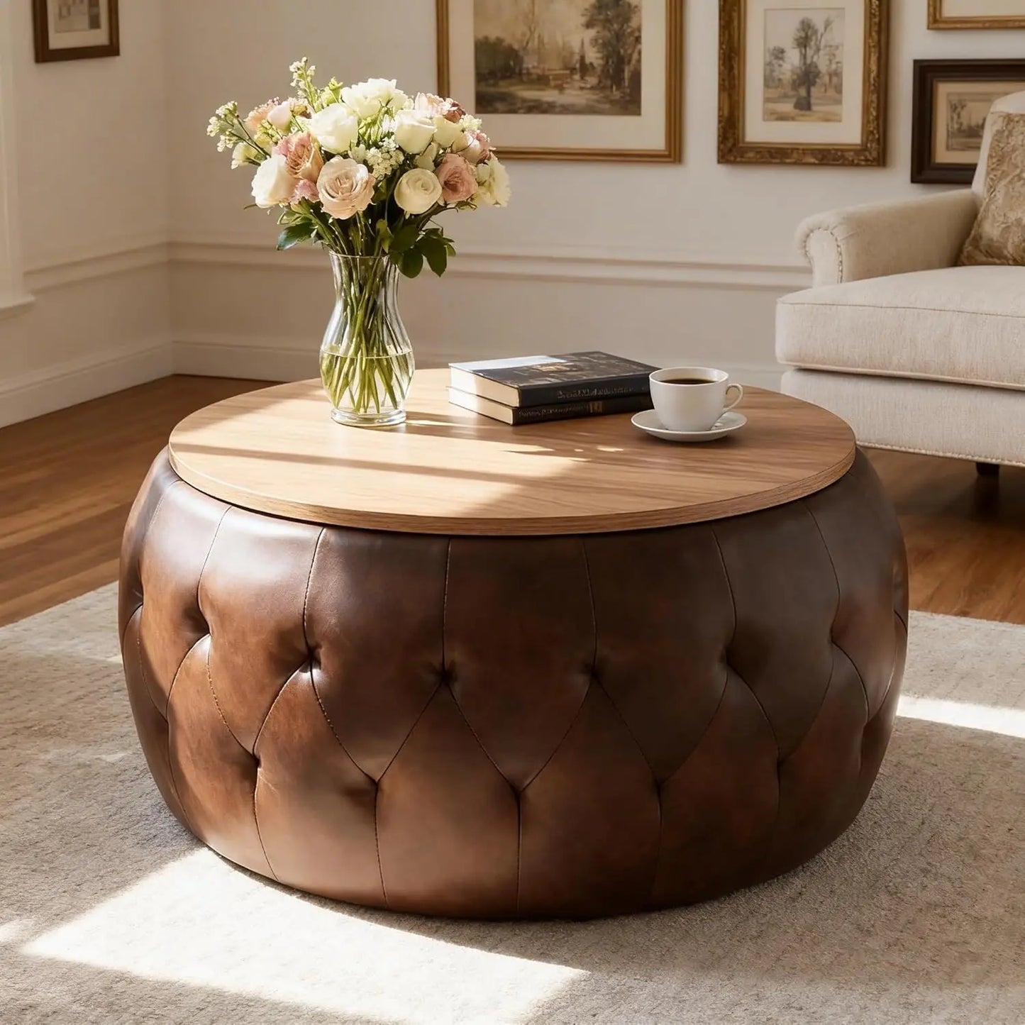 30 Inches Large Round Storage Ottoman, Coffee Table, Wooden Top, Soft Teddy Fabric