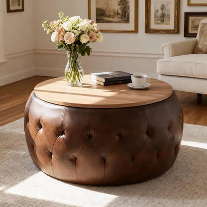 30 Inches Large Round Storage Ottoman, Coffee Table, Wooden Top, Soft Teddy Fabric