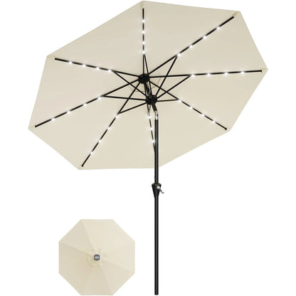 9FT Solar Patio Umbrella with 32 LED Lights - Outdoor Table Umbrella with Crank Lift, Push Button Tilt and 8 Sturdy Ribs