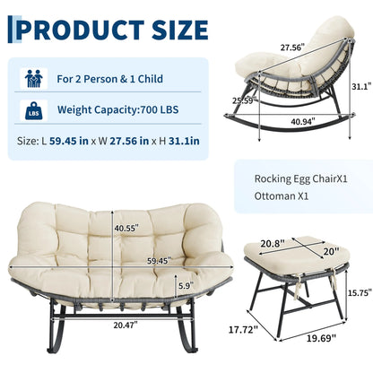Patio egg Rocking Chair Set with Ottoman Double Wicke Indoor, Outdoor Lounge Chair