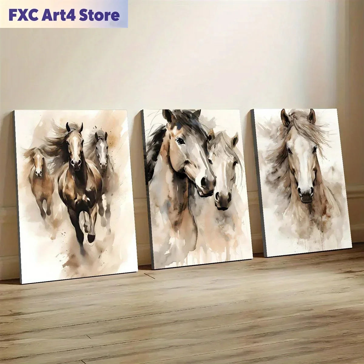 Frameless3pcs Wood Frame Minimalist Horse Pair Print, Two Horses Charcoal Sketch Abstract Equestrian