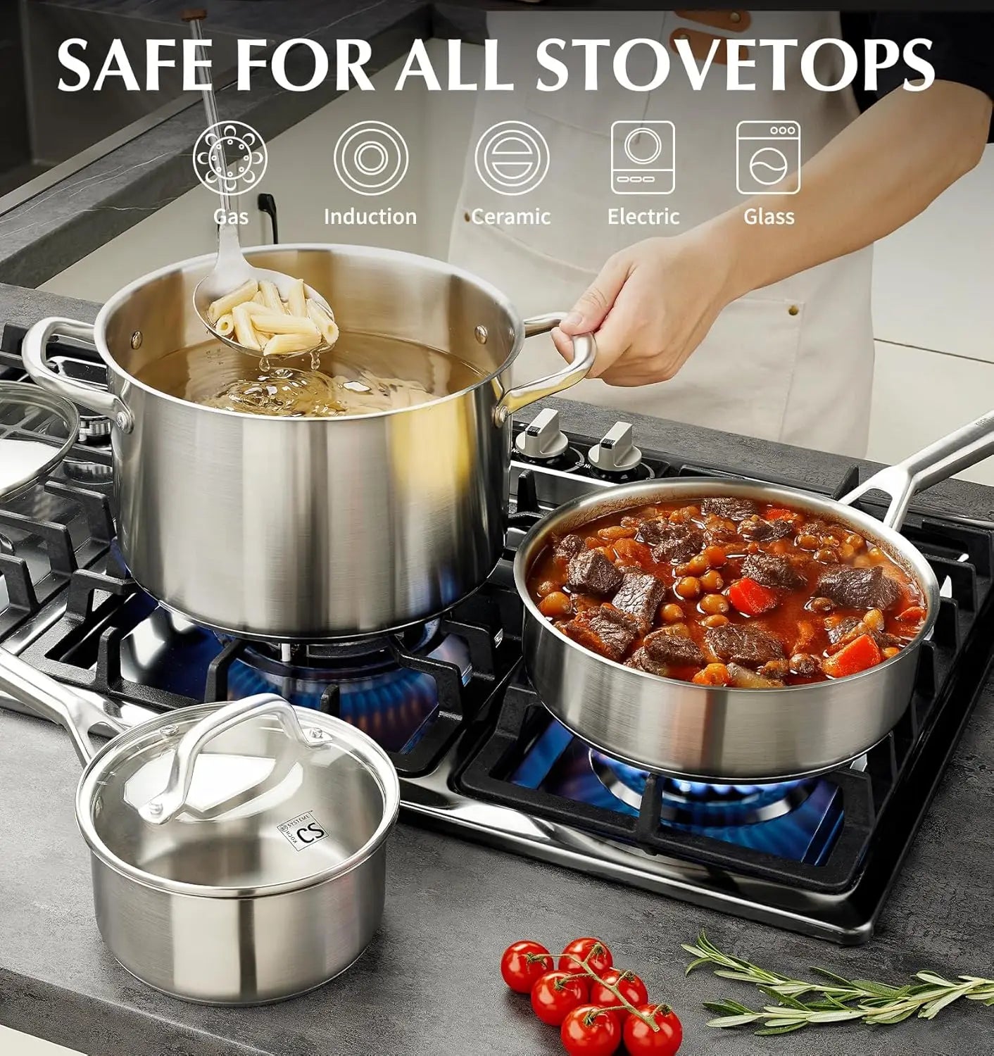 Stainless Steel Cookware Set 17 Piece, Pots and Pans 5-Layer Base, Oven & Induction Safe