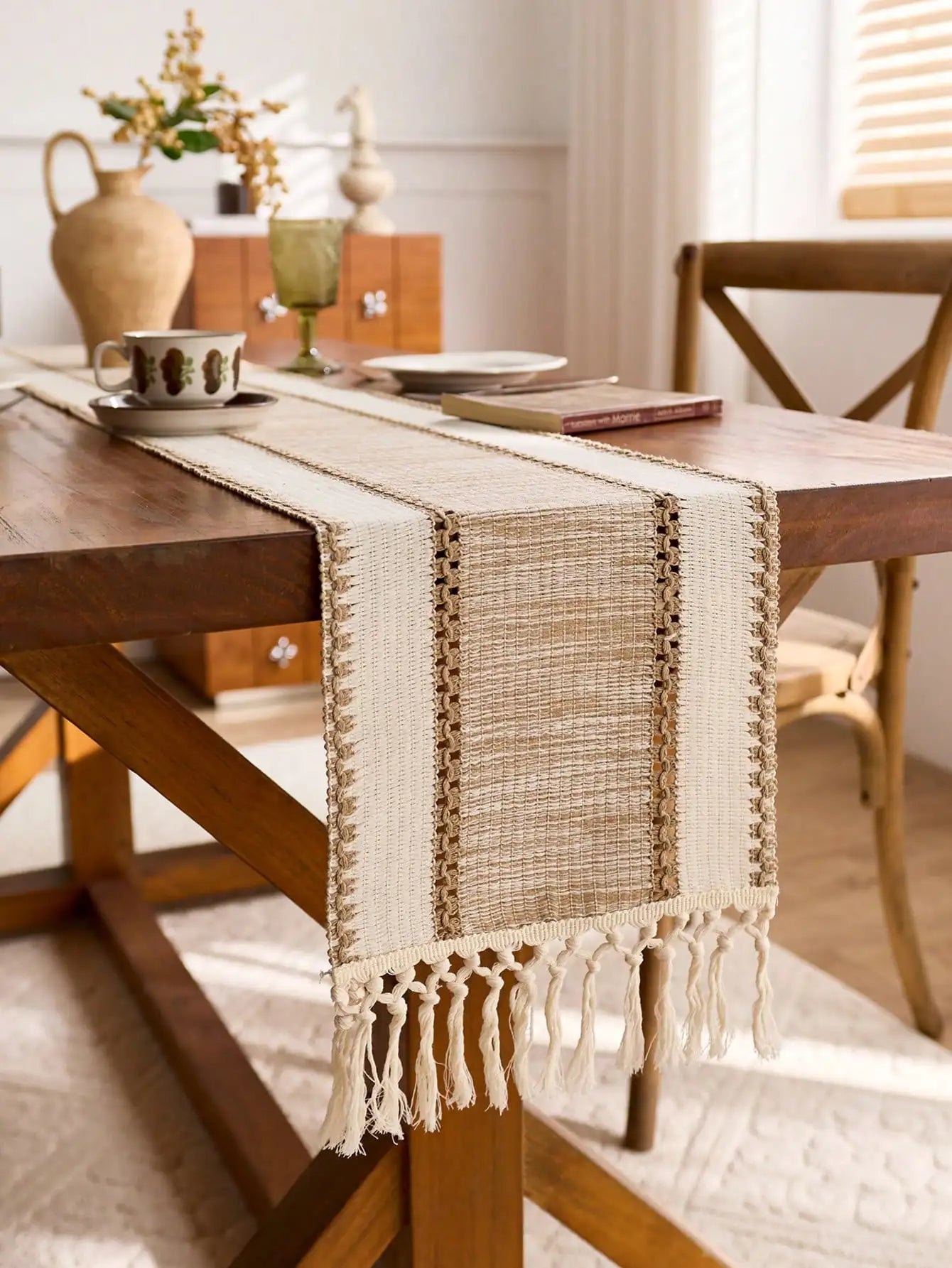 khaki Macrame- Farmhouse Table Runner Design Durable Fabric