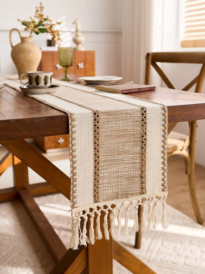 khaki Macrame- Farmhouse Table Runner Design Durable Fabric