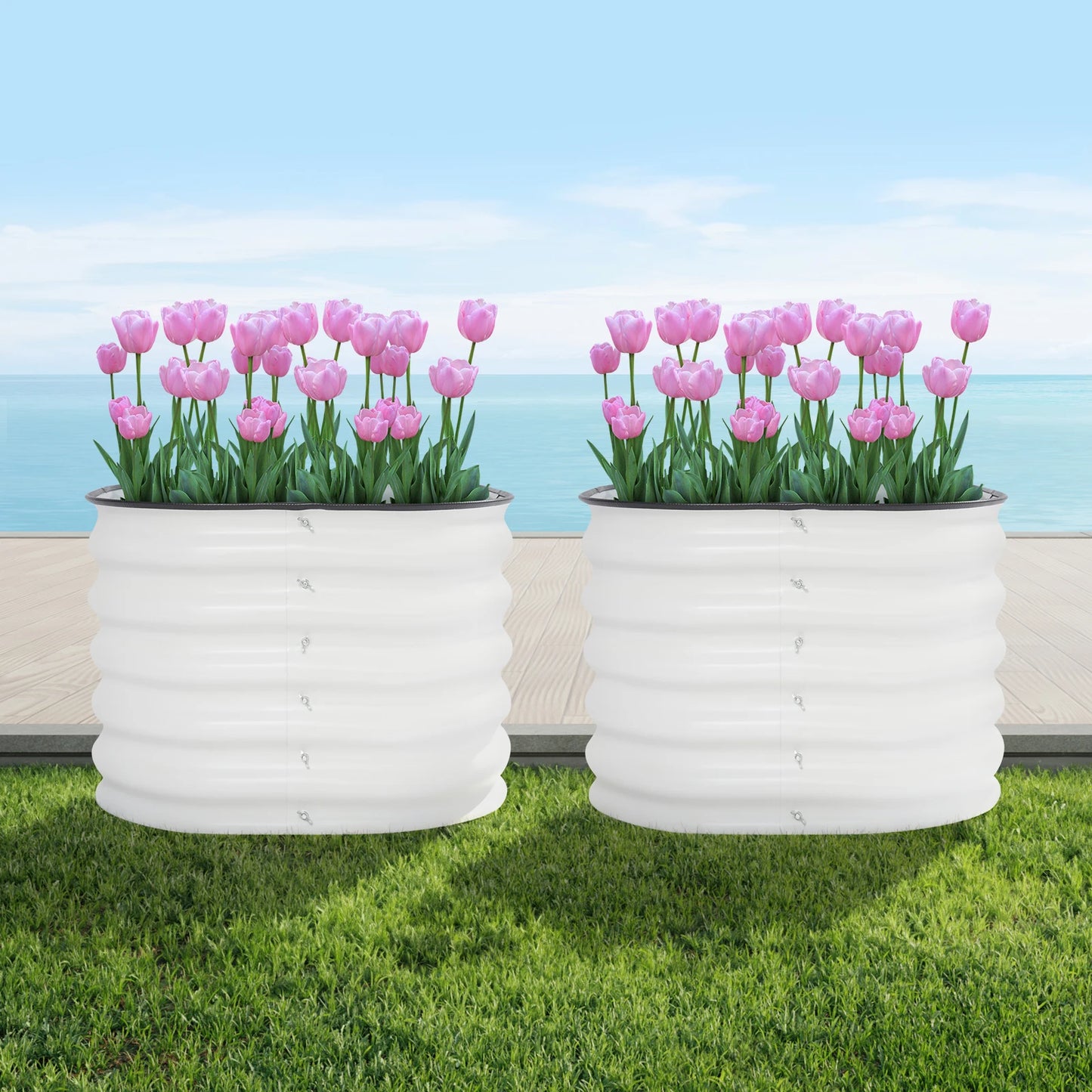 2Pcs Round Raised Garden Bed Aluminum Zinc Plated Steel Rustproof Outdoor Elevated Planter Box Open Base Drainage Garden Plant