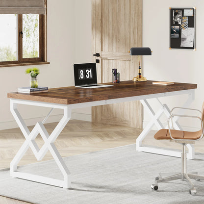 Large Industrial Executive Desk with Extra Thickened Tabletop & Metal Frame, Heavy-Duty Home Office Desk
