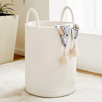 Large Storage Basket Tall Woven Laundry Hamper with Handles Foldable Cotton Rope