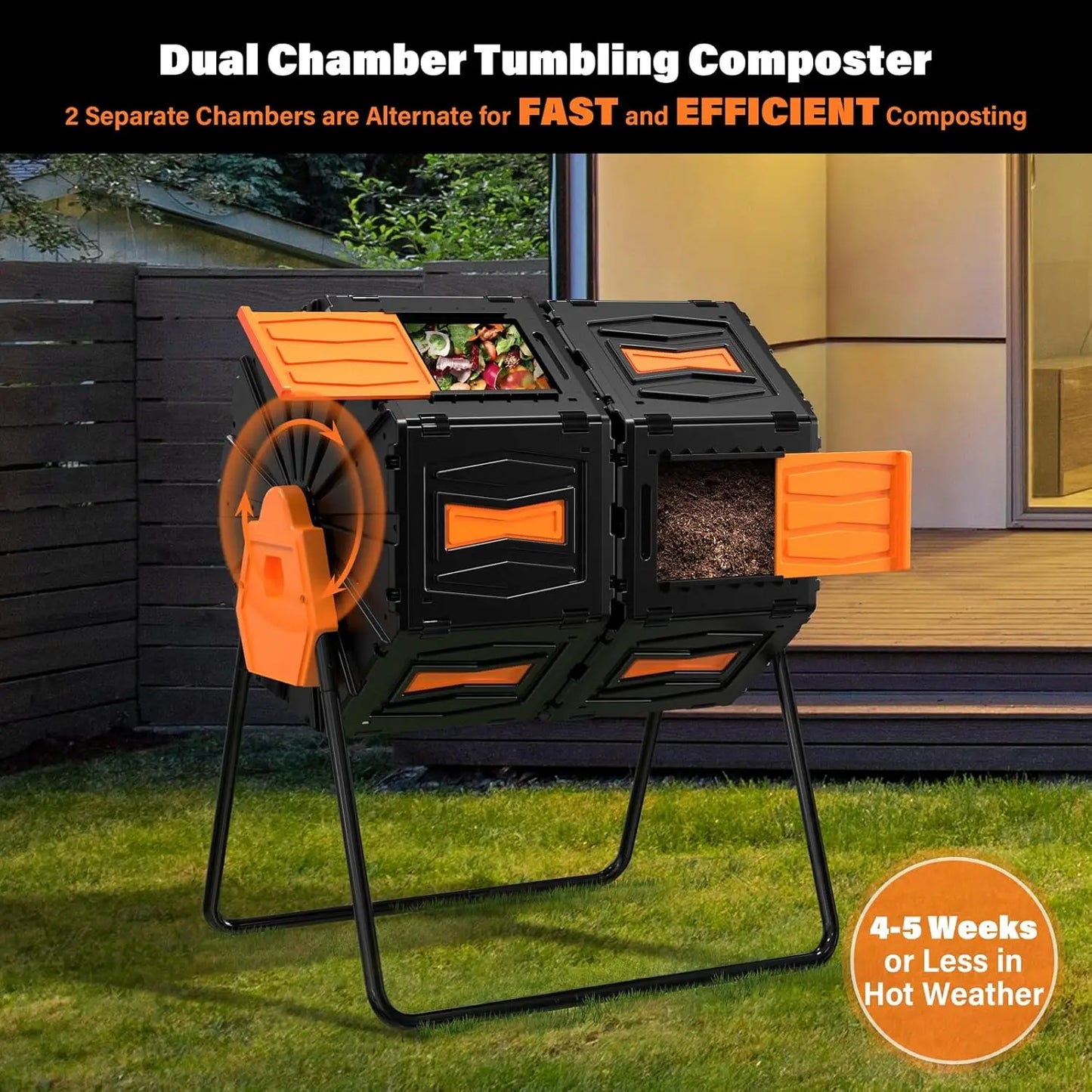 45 Gallon Dual Chamber Compost Tumbler, Easy Assemble Outdoor Bin for Garden and Kitchen Waste