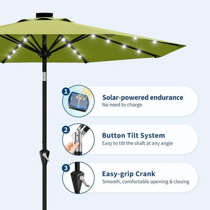 9FT Solar Patio Umbrella with 32 LED Lights - Outdoor Table Umbrella with Crank Lift, Push Button Tilt and 8 Sturdy Ribs