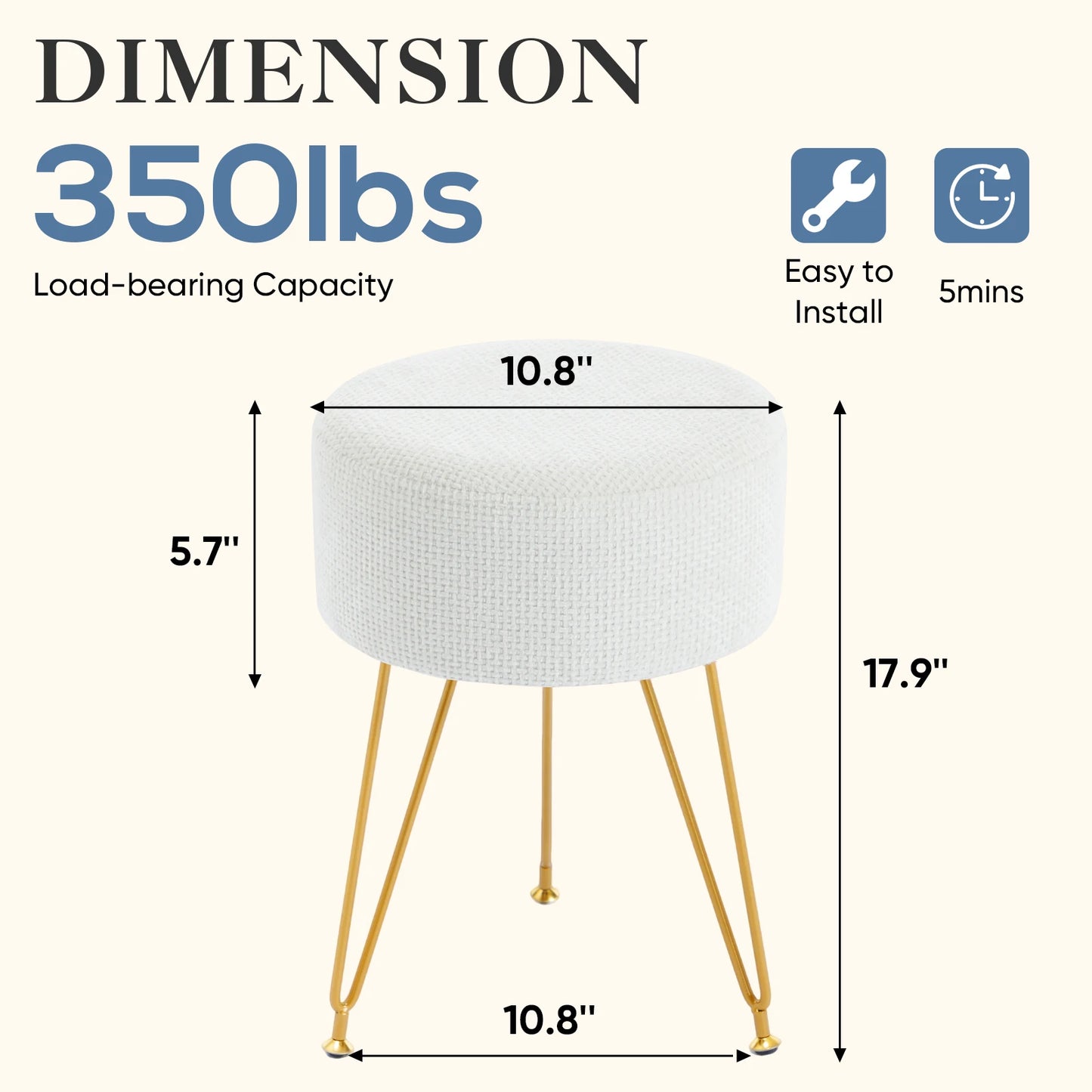 Round Ottoman Velvet Footrest Vanity Stool with 4CM Thick Cushion 350LBS Heavy-Duty Makeup Stool for Home
