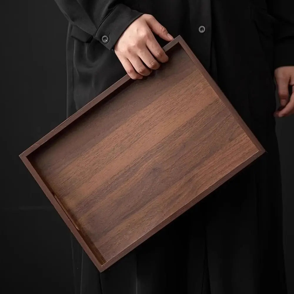 Decorate Tray Rectangular Bamboo Wooden Walnut Color with Handle Serving Tray