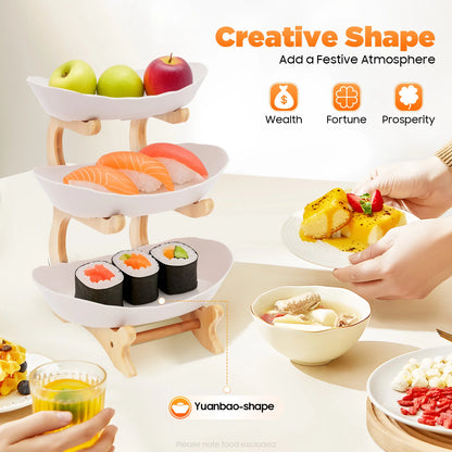 3-Tier Fruit Plate, Snack Dessert Cake for Party Wedding, Bowl W/ Bamboo Wood Stand