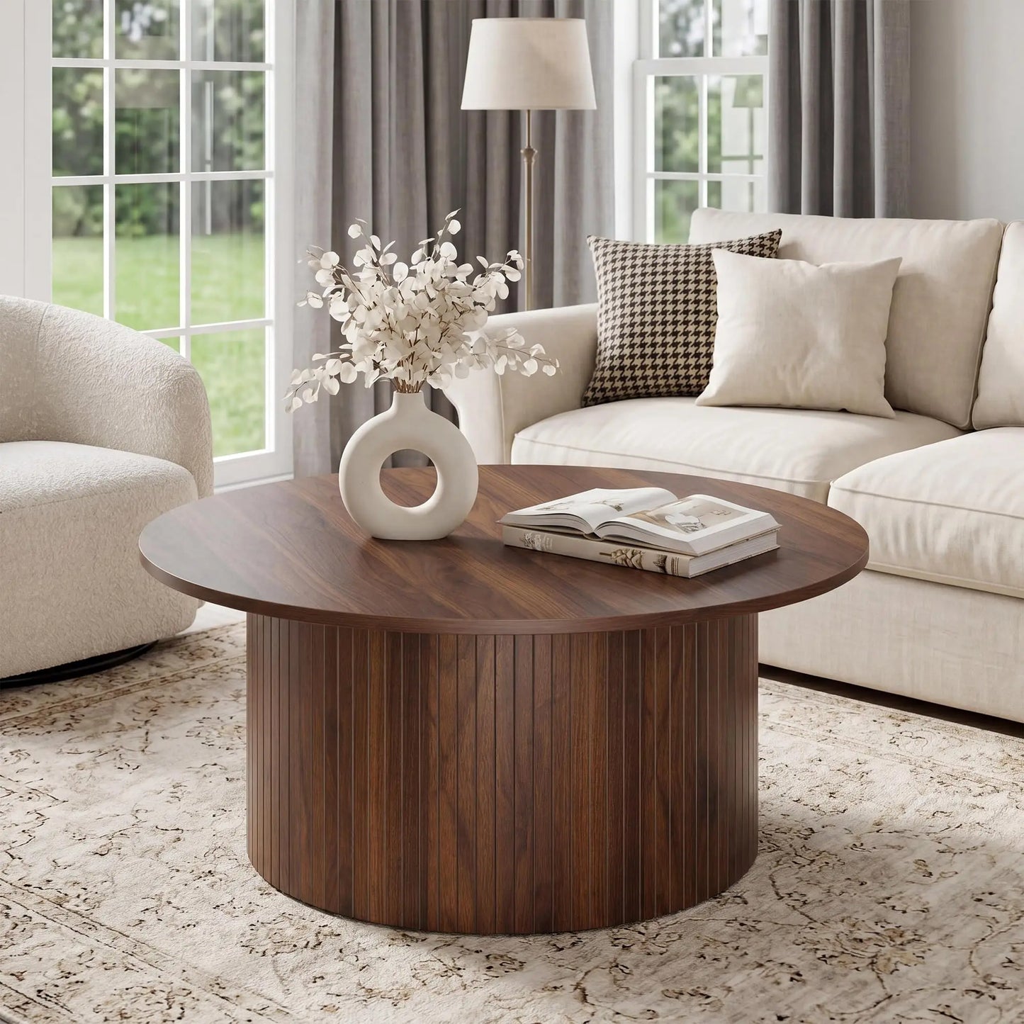 Modern Fluted Drum Coffee Table Round Accent Center Table