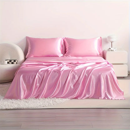 4pcs Cooling Satin Bed Sheet Set, Shrink-Resistant, Fade-Resistant, Hypoallergenic, Breathable, Flat Sheet & Fitted Sheet & Pill