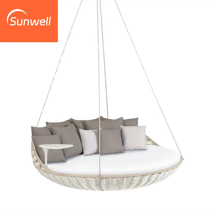 New Outdoor Rattan Daybed Swing Patio Leisure Hanging Wicker Swings Lounger Round