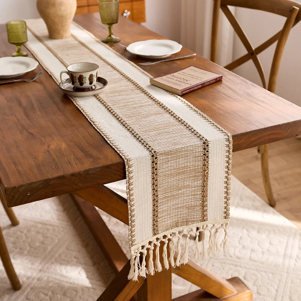 khaki Macrame- Farmhouse Table Runner Design Durable Fabric