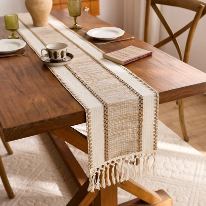 khaki Macrame- Farmhouse Table Runner Design Durable Fabric