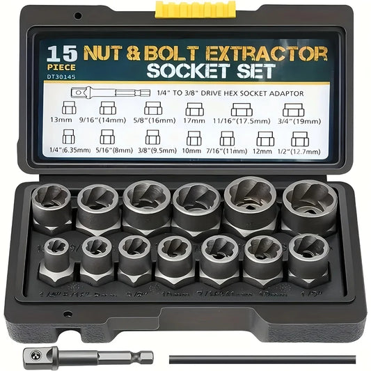 15pc Nut Extractor Set w/ Knockout Bar & 1/4"-3/8" Adapter, Bolt & Nut Remover Kit