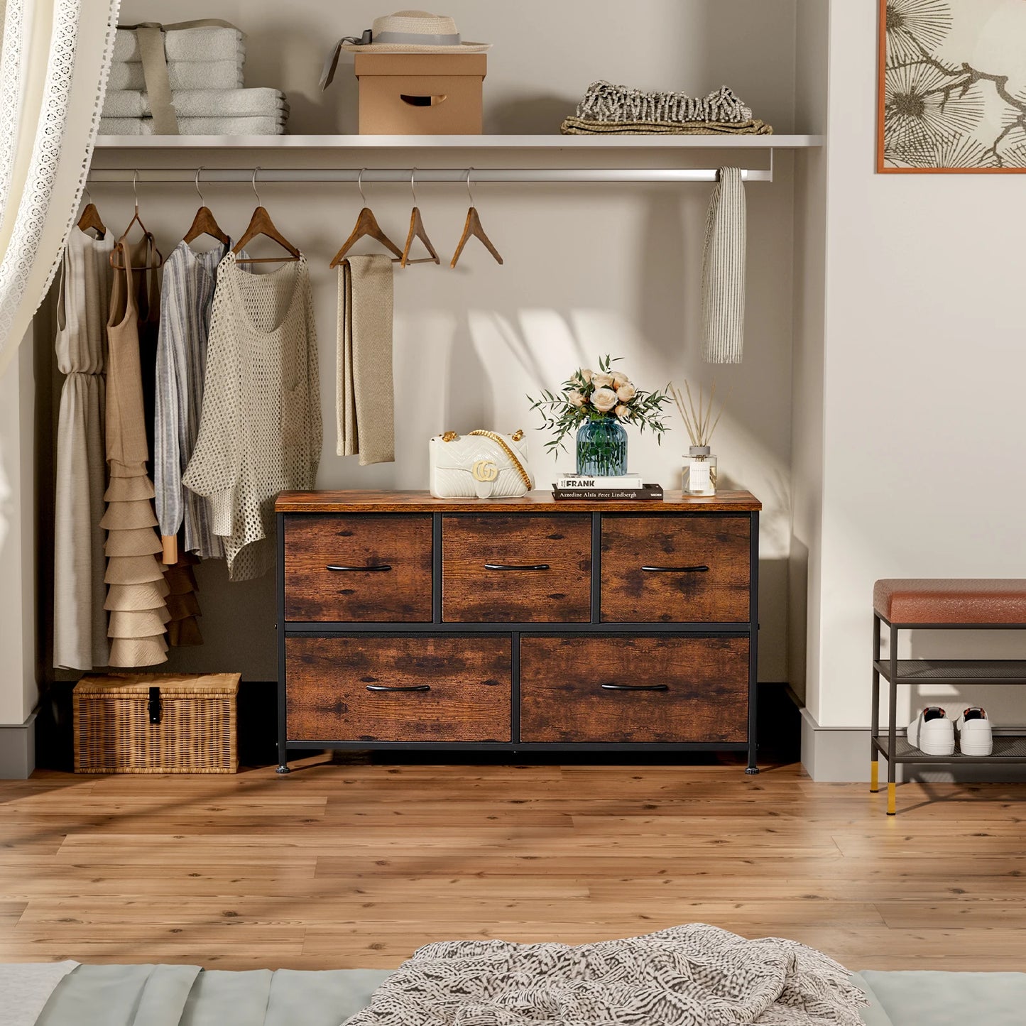 JHK Cabinet Layers With 5 Fabric Drawers Wardrobe Steel Frame Storage Dresser