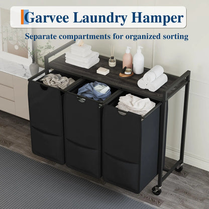 Rolling Laundry Hamper with Shelf 3 Section Laundry Sorter with Removable Bags Wheels Heavy Duty