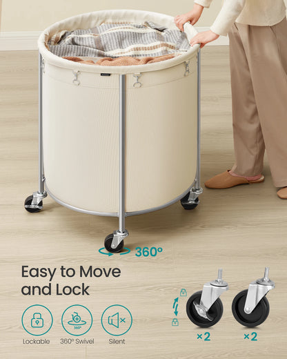 Laundry Basket with Wheels, Rolling Round Heavy-Duty Laundry Hamper Cart with Steel Frame