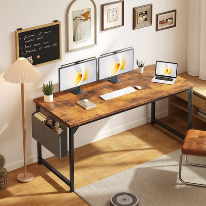 Computer Office Desk Writing Study Gaming Table with Storage Bag Metal Frame Wood Tabletop Easy Assembly