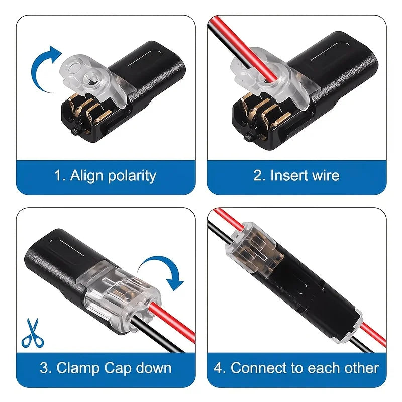 200pcs 2-Pin 2-Way Plug-in LED Wire Connectors Quick-Connect Low-Voltage Wire