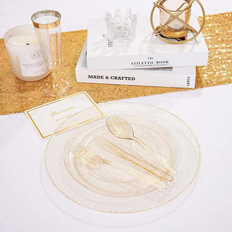 50 People Plastic Dinner Plates 7.25inch 10.25inch Gold Plastic Lace Plates