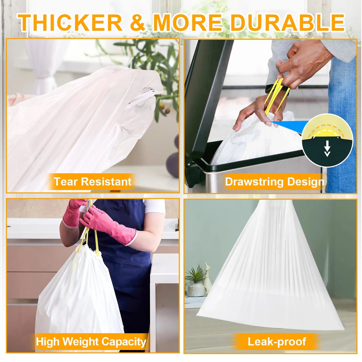 100PCS Household Trash Drawstring Bags 13 Gallon Strong Large