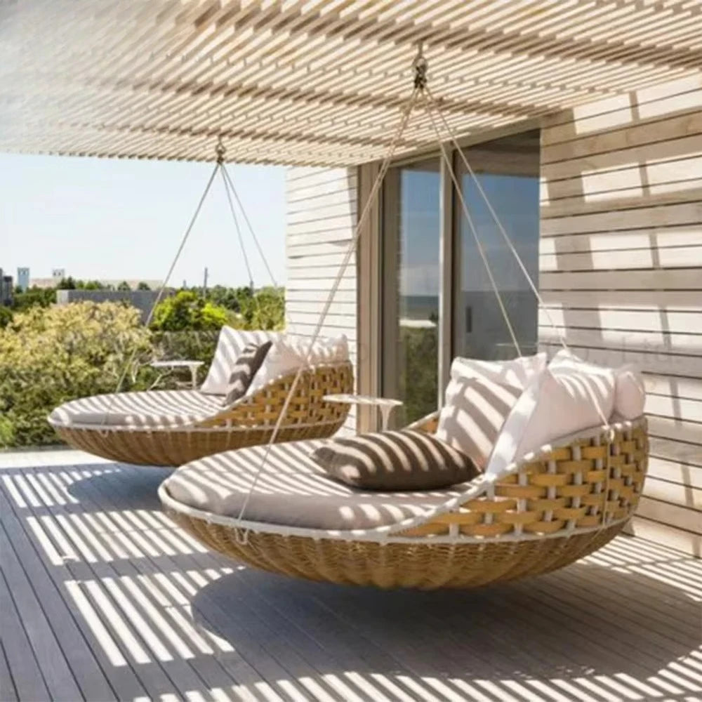 New Outdoor Rattan Daybed Swing Patio Leisure Hanging Wicker Swings Lounger Round