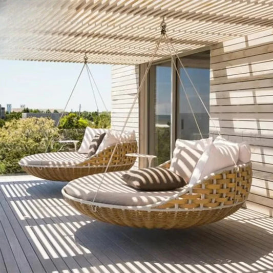 New Outdoor Rattan Daybed Swing Patio Leisure Hanging Wicker Swings Lounger Round