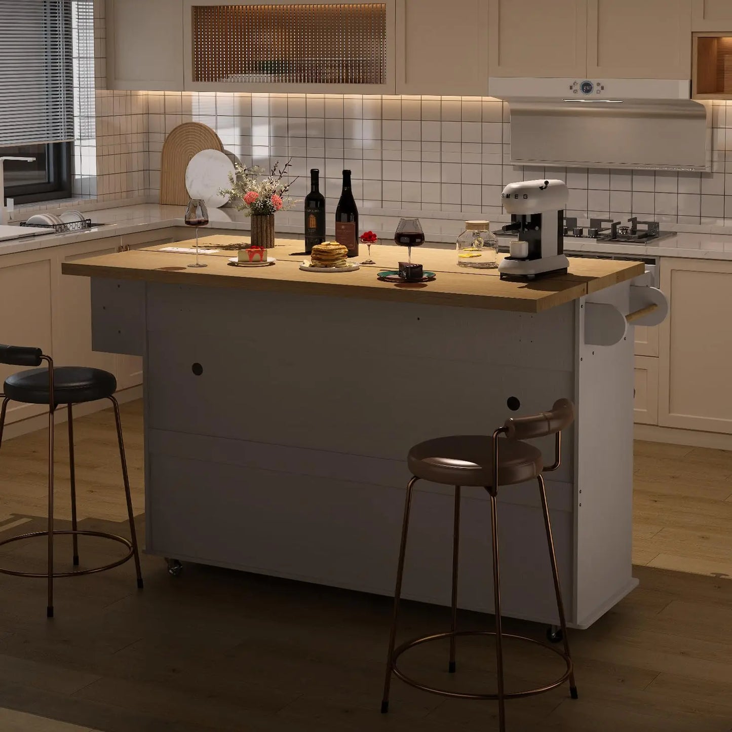 60" Mobile Kitchen Islands Rolling Table Drop Leaf with Power Outlet Spice Towel Rack Trash