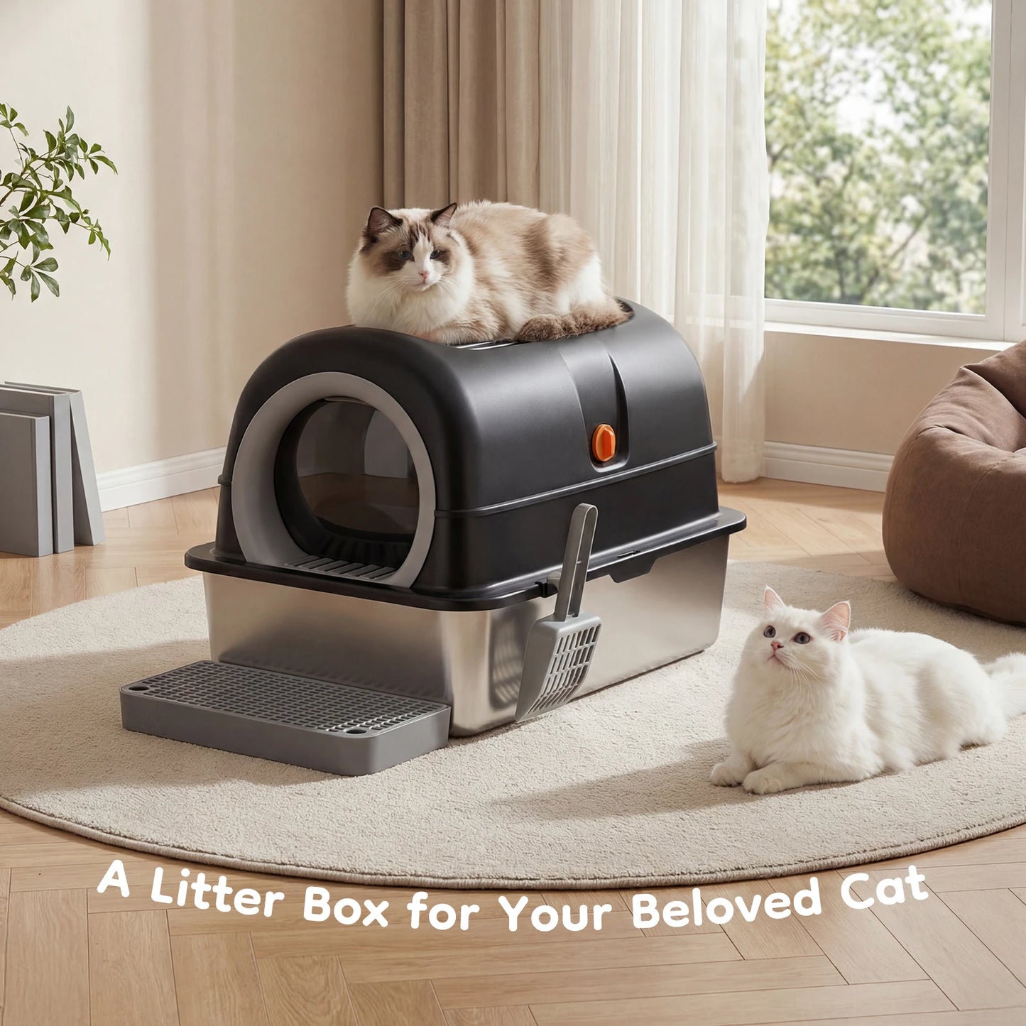 Stainless Steel Cat Litter Box with Fully Enclosed Scoop and Mat Included