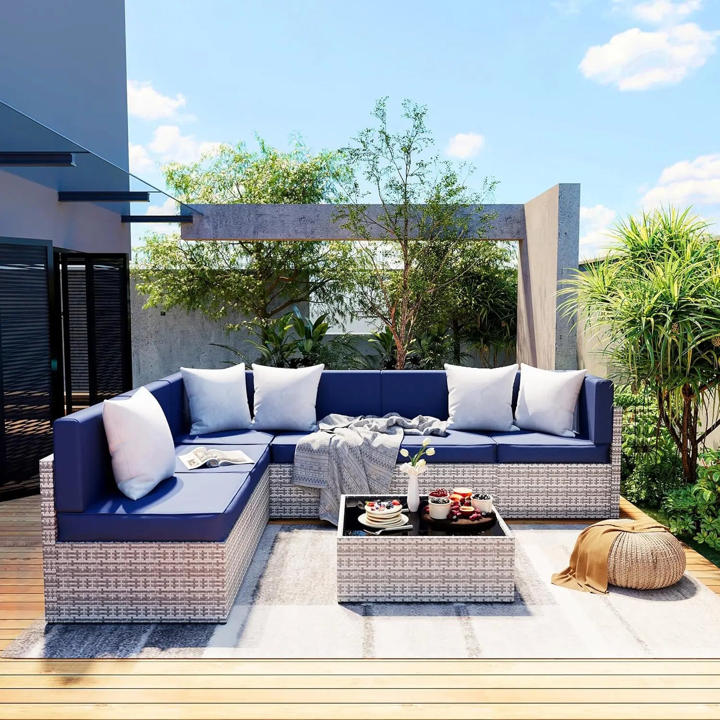 7 Piece Outdoor Sectional Sofa Set, All-Weather Patio Furniture with Washable Cushions.