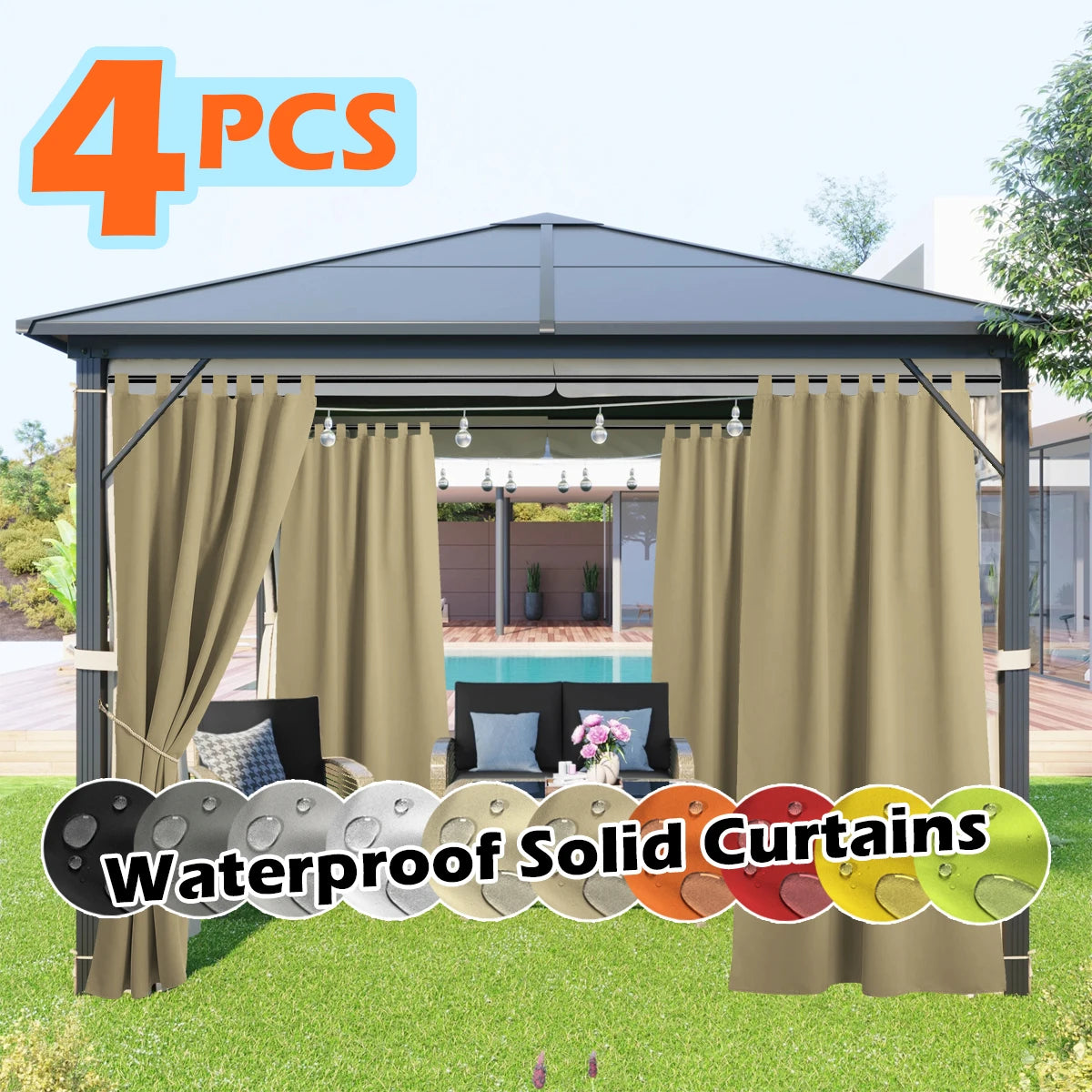 4 Panels Outdoor Curtains, Waterproof & UV-Resistant Tab Top Design