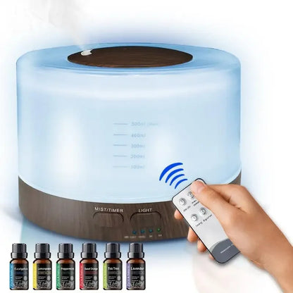 Stylish Wood Grain Diffuser Set Cool Mist Humidifier with Remote, 7 LED Colors & 6 Essential Oils