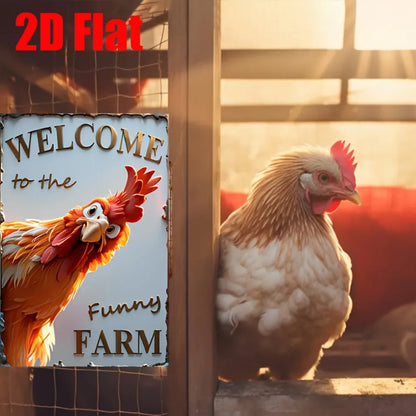 "Welcome to the Funny Farm" Rooster Metal Wall Sign, 2D Flat 12"x8" - Rustic Iron Weather-Resistant Decor