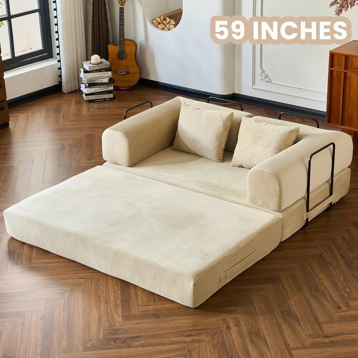 Couch Foldable Convertible Futon Sleeper Sofa Bed Floor Lounge with L-Shaped Armrests