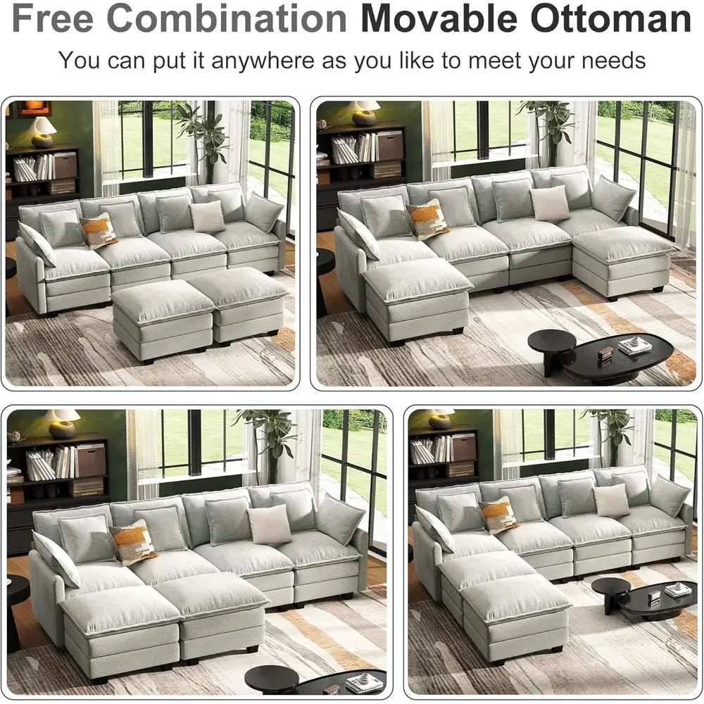 Cloud Couch Sectional Seat Deep Seat Couch with 6 Removable Washable Pillows and 2 Ottoman