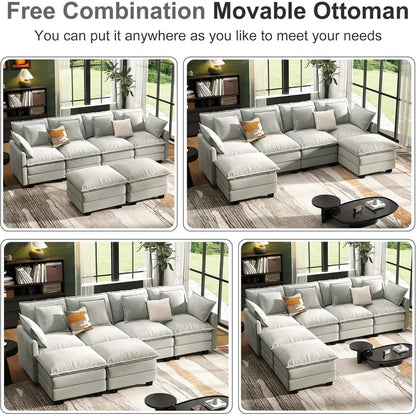 Cloud Couch Sectional Seat Deep Seat Couch with 6 Removable Washable Pillows and 2 Ottoman