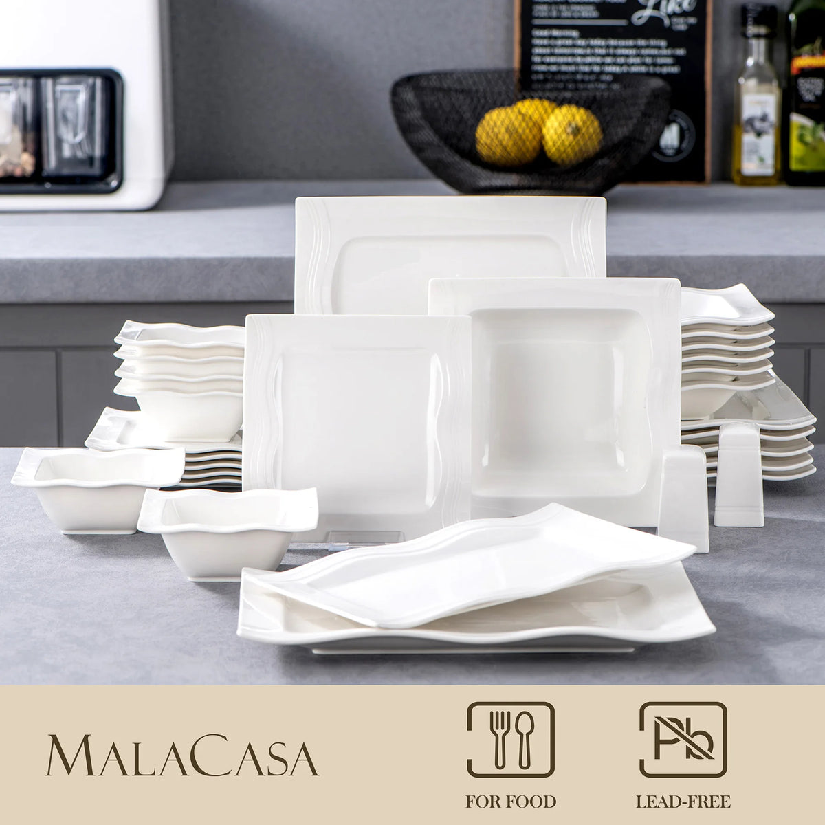 Square Dinnerware Sets 28 Piece White Porcelain Plates and Bowls Set Salt Pepper Pot Salad Pasta Bowls Dinner Set