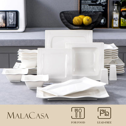 Square Dinnerware Sets 28 Piece White Porcelain Plates and Bowls Set Salt Pepper Pot Salad Pasta Bowls Dinner Set