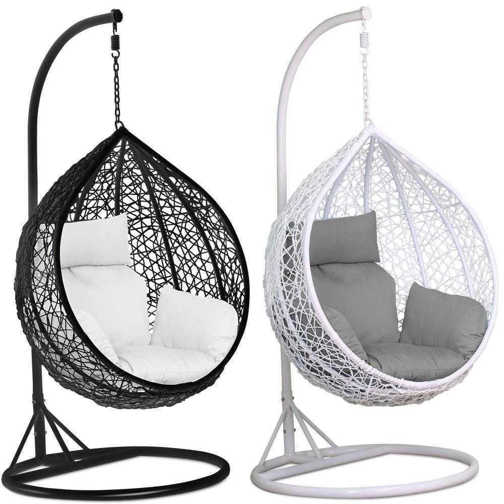 Rattan Shaped Hanging Swing Chair with Metal Stand for Balcony, Courtyard & Patio